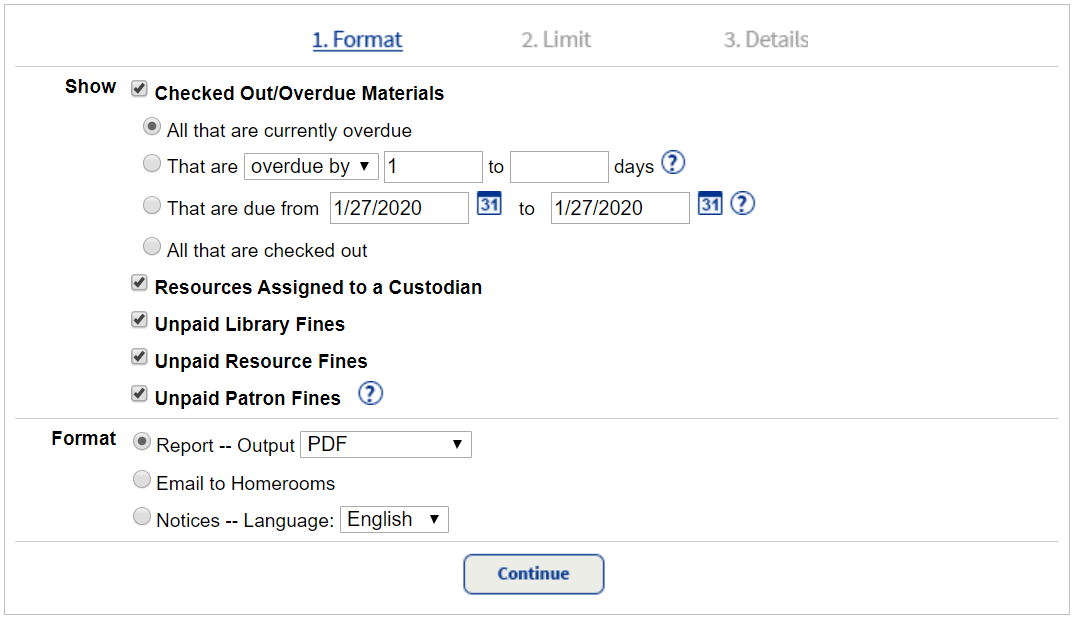 Step 1 of Current Checkout Fines Report.